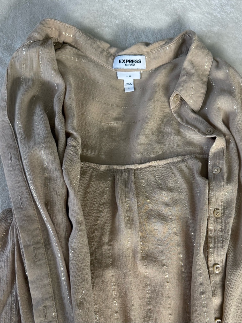 Express Strapless Button-Front Dress shirt in Soft Cream with Metallic Sheen
